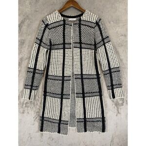 Sioni Cardigan Sweater Sz M Black White Plaid Longline Soft Cozy‎ Classic Preppy